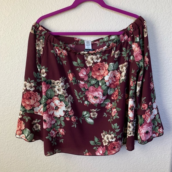 Burgundy Off Shoulder Floral Blouse Flare Sleeves - Picture 4 of 5